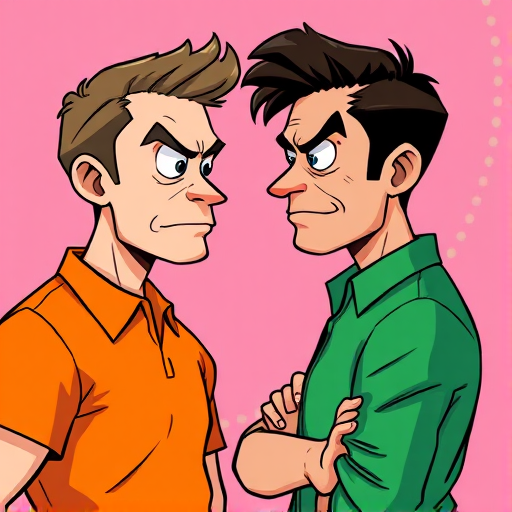 create a cartoon-style illustration of two men facing each other with exaggerated expressions of disapproval, one wearing an orange shirt and the other in a green shirt, set against a pink abstract background, use a digital art style, with high resolution settings at 300 DPI, take the shot in a close-up view, with vibrant colors and sharp lines, using a Wacom tablet for illustration