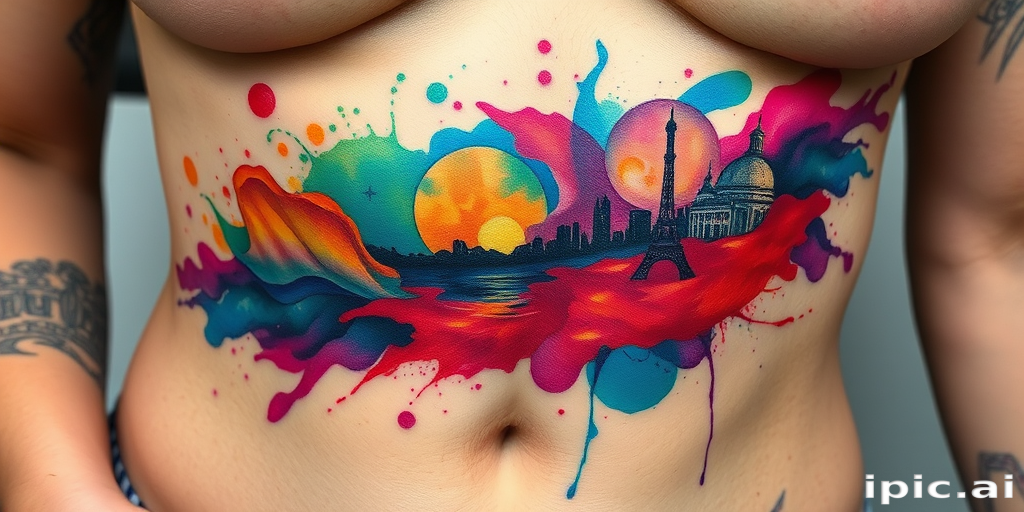Surreal watercolor splash tattoo on the ribs, featuring vibrant hues melding into a dreamlike landscape, with abstract elements and hidden imagery emerging from the colorful chaos