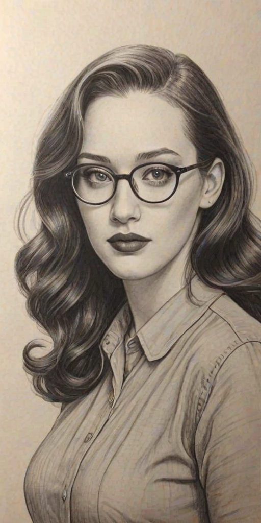 Bewitching Kat Dennings, pencil sketch, portrait of Enchanting woman 1938s in glasses, hair style beatnik, outline, clear lines, fine lines, 8k