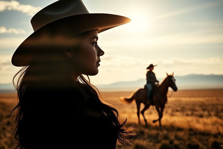 "Create a Double exposure", a silhouette "profile portrait of a young cowgirl" with long hair "superimposed" against a long shot of a cowgirl riding a horse across the plains, fantastic view, 32k, cinematic, hyper-realistic.