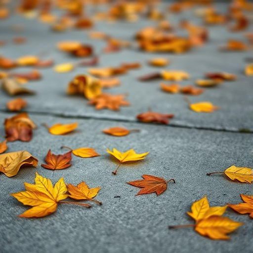Autumn leaves scattered on a concrete surface, close-up view, natural lighting, DSLR camera, 50mm lens, aperture f/2.8, ISO 200, 1/200 sec shutter speed, shallow depth of field.