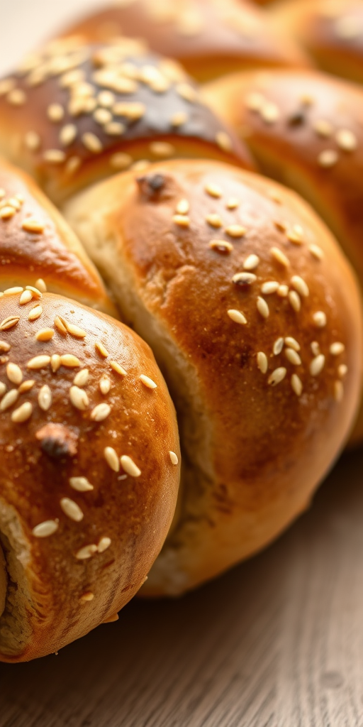 high-resolution image of freshly baked braided bread with sesame seeds, close-up shot, natural light, ISO 100, f/5.6, 1/200s, DSLR camera, shallow depth of field, focus on the texture of the bread