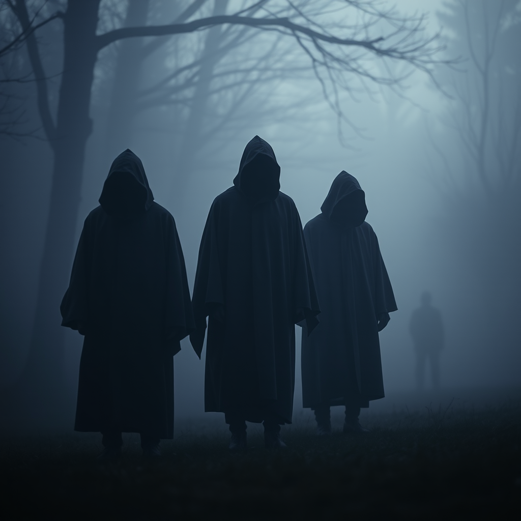 Create an image of three cloaked figures standing in a foggy environment with eerie lighting, captured with a Canon EOS R5, 50mm lens, aperture f/1.8, ISO 200, at dusk, utilizing a low-angle view and a cinematic style for dramatic effect.