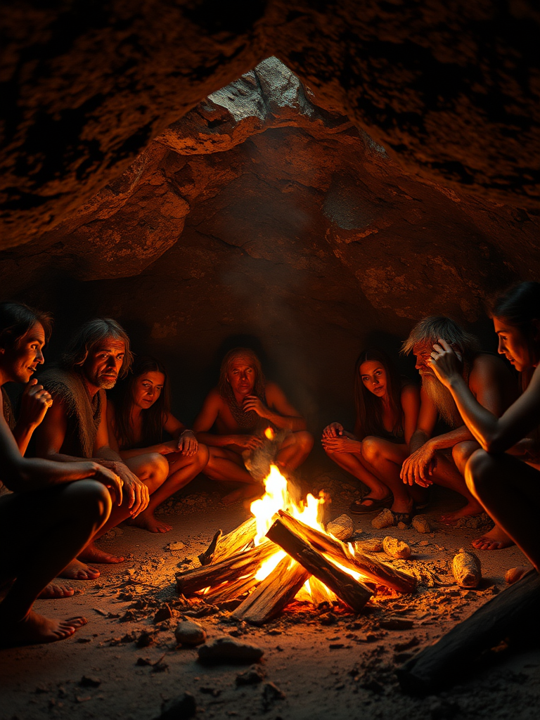 create a prehistoric scene of early humans gathered around a fire inside a cave with warm lighting illuminating their faces, high detail, depth of field, camera settings: f/2.8, ISO 200, shutter speed 1/60, camera view: wide-angle, camera style: cinematic, camera type: DSLR