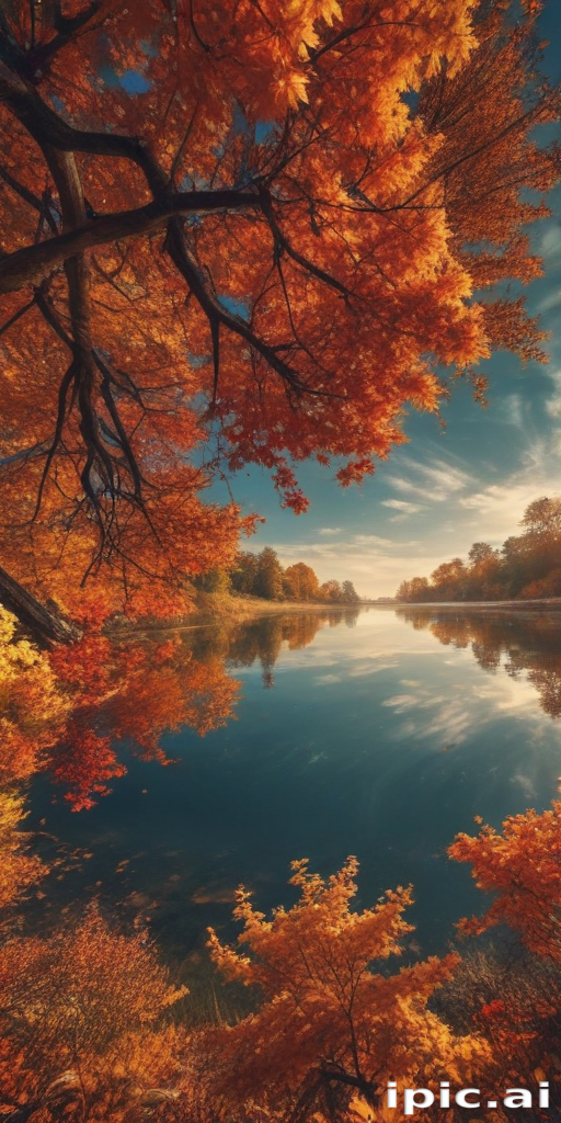 Serene Autumn Landscape with Vibrant Orange Leaves Reflecting on Calm Water
