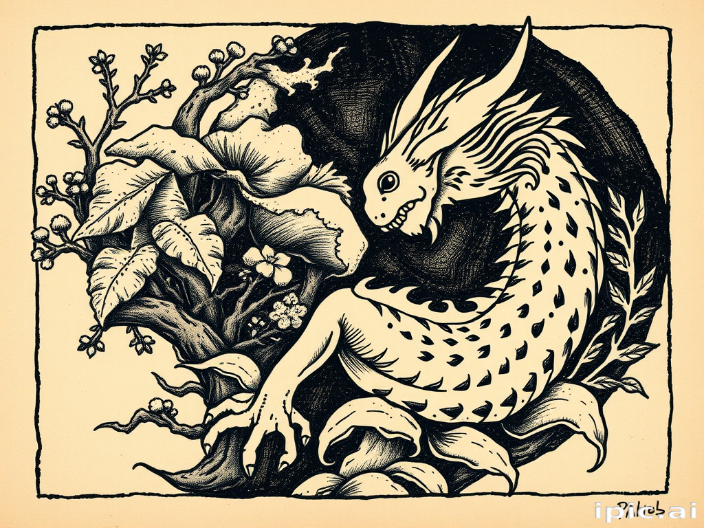 Woodcut tattoo called "Nature's Etchings" resembling traditional woodblock prints with bold lines and textured shading, portraying intricate natural scenes or mythological figures, known for its rustic and timeless appeal