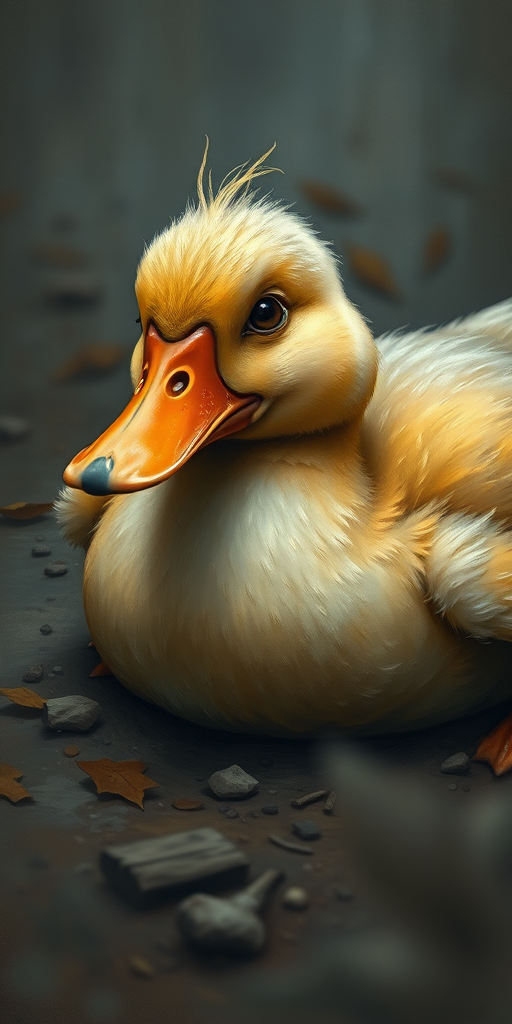Stunning image of a cute adorable tired looking wacky duck laying flat on the ground, no emotions, moody, grainy, noisy, concept art, by Alberto Seveso, Cyril Rolando, Dan Mumford, Meaningful Visual Art, Detailed Painting, Digital Illustration,