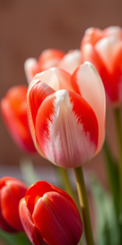 Close-up shot of red and white tulips with a blurred brown background, using a DSLR camera, 50mm lens, f/2.8 aperture, ISO 100, soft natural lighting to enhance colors and details.
