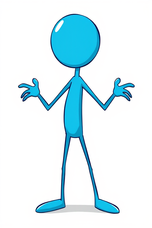 Create a high-resolution illustration of a blue stick figure with an exaggerated pose, camera settings: f/8 aperture, 1/250 sec shutter speed, ISO 100, camera view: front-facing, camera style: vibrant colors, camera type: digital drawing tablet.