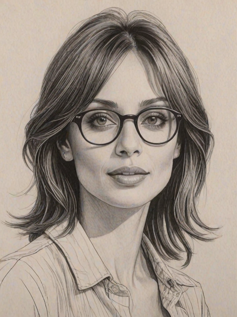 Radiant Natalie Imbruglia, pencil sketch, portrait of Sublime woman 1978s in glasses, hair style beatnik, outline, clear lines, fine lines, 8k