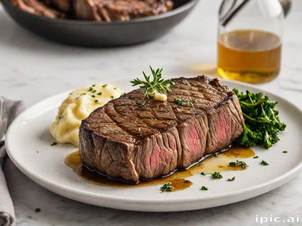 Create an image of a perfectly seared ribeye steak, resting on a white plate with a pat of melting butter on top. The steak is seasoned with fresh herbs like thyme and parsley, with glistening juices highlighting the texture of the meat. The background features a soft focus on a light, marble countertop, with a small dish of butter and an olive oil bottle in the distance. The overall mood should be warm and inviting, capturing the deliciousness and juiciness of the steak.