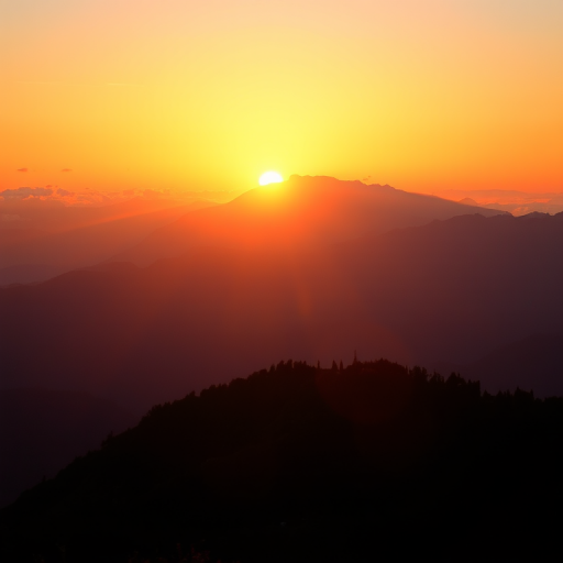 sunrise over a mountain landscape with sun rays, captured with a Canon EOS R5, 24mm lens, f/8 aperture, 1/200 sec shutter speed, ISO 100, shot in landscape orientation, using a soft focus filter for enhanced depth and vibrancy