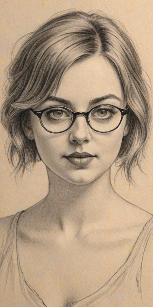 Enticing Charlotte Church, pencil sketch, portrait of Enticing woman 1924s in glasses, hair style beatnik, outline, clear lines, fine lines, 8k
