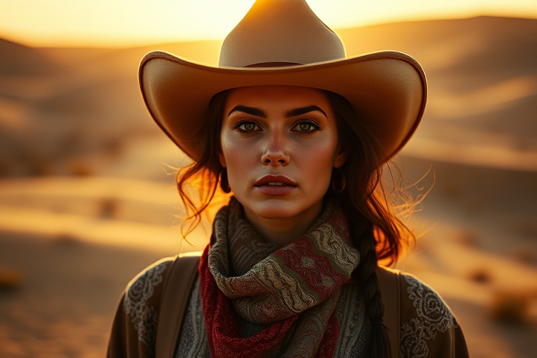 Dramatic photo of a beautiful Uyghur woman, classic cowboy attire, confident and free spirit expression, half-length portrait, centered, golden hour desert landscape, warm, diffused light, low angle, medium format film camera, in style of Annie Leibovitz.