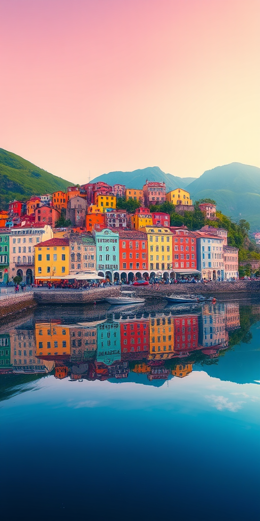 create a vibrant digital illustration of a colorful coastal town with reflected buildings on a still water surface, include rolling green hills in the background, use a drone view, enhance with high resolution settings, focus on vibrant color saturation, and employ a soft-focused lens effect for a dreamy atmosphere