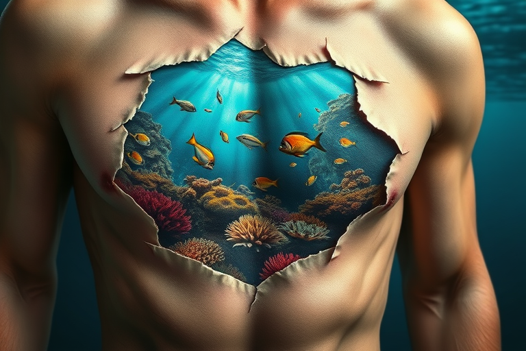 Hyper-realistic 3D tattoo entitled "Living Canvas" depicting a trompe l'oeil effect of torn or peeled skin revealing a vivid underwater scene beneath complete with coral reefs tropical fish and shimmering water rendered in exquisite detail with advanced shading techniques creating the illusion of depth and texture so lifelike it appears as if the skin has truly been transformed into a window to another world
