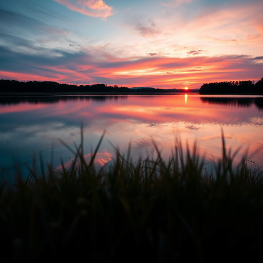 Capture a high-resolution image of a serene sunset over a tranquil lake, with vibrant colors reflecting on the water, using a Canon EOS R5, 24mm lens, f/8 aperture, 1/60 shutter speed, ISO 100, from a low angle perspective for added depth.