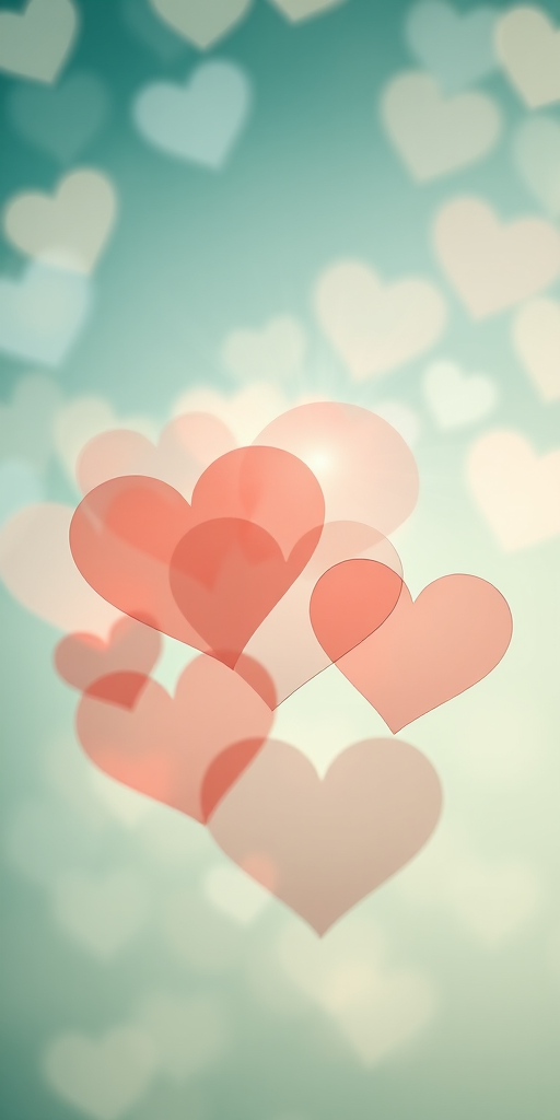 Create an abstract art piece featuring overlapping translucent hearts in various sizes, on a soft gradient background of teal and light green, with a bokeh effect and radiant light rays emanating from a central point, taken with a DSLR camera, 50mm lens, f/1.8 aperture, ISO 200, 1/60 sec shutter speed, shot from a close-up perspective.