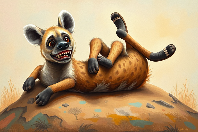 bstract Portrait of a whimsical cheeky Hyena, on an earthy mound, with exaggerated features such as big eyes, scruffy fur and baring it's sharp pointed teeth, playful demeanour, rolling around on its back, legs in air, textured canvas with playful brushstrokes, bright pastel color palette with pops of vibrant hues background, dreamy landscape prompt adapted for different stances of the hyena.