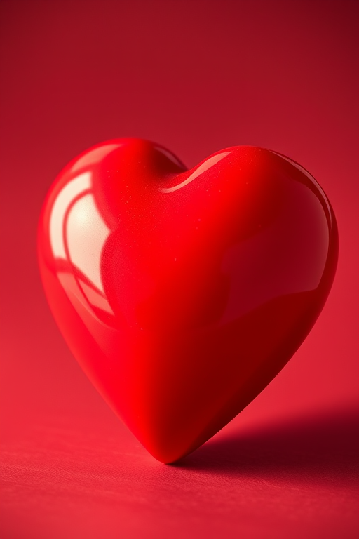 Create a high-resolution image of a glossy red heart with a soft gradient, using a 50mm lens at f/1.8, ISO 100, and natural lighting, captured from a slightly elevated angle with a shallow depth of field on a DSLR camera.
