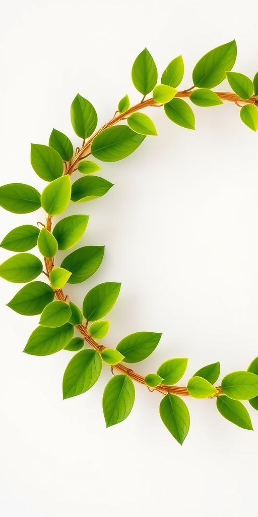 Create a circular floral frame with vibrant green leaves on a gold wire circle against a soft white background using a high-resolution DSLR camera, 50mm lens, f/2.8 aperture, ISO 100, and natural light for enhanced clarity and color vibrancy.