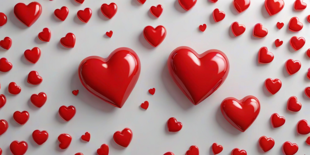 create an image of two large glossy red hearts in the center with smaller hearts scattered around them on a transparent background