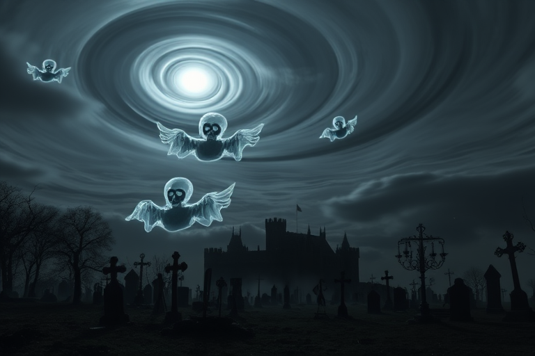 Create a haunting landscape with a dark sky filled with swirling clouds, featuring ethereal ghosts hovering over a desolate graveyard with skeletal figures dancing, a distant castle silhouetted against the moonlight, use a DSLR camera with a 24mm lens, aperture f/8, ISO 200, cloudy white balance, and a long exposure to capture ghostly movement while maintaining clarity in the background.