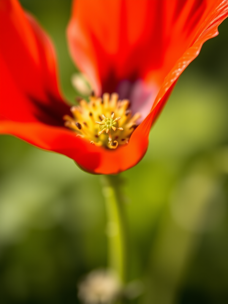 macro photograph of a vibrant red poppy flower with a focus on the seed pod in the center, using a 100mm f/2.8 macro lens, aperture set to f/4, ISO 100, shutter speed 1/200s, natural daylight, shallow depth of field, soft bokeh background.