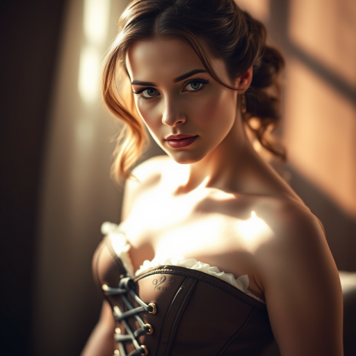 portrait of a woman in a vintage corset with dramatic lighting, soft focus, studio setting, 85mm f/1.4 lens, ISO 100, shutter speed 1/125, natural light, high definition, cinematic style