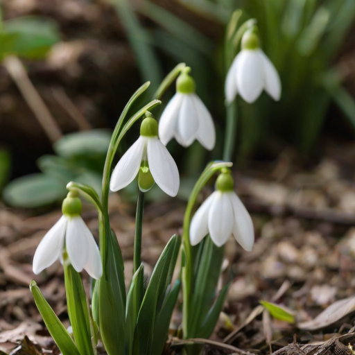 a close-up of delicate white snowdrop flowers with green stems, blooming in a garden setting, softly blurred background