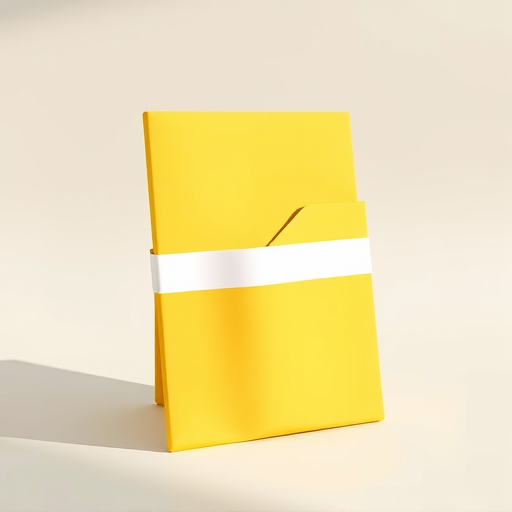 create a high-resolution 3D render of a yellow folder with a white stripe, using a Canon EOS R5 camera with a 50mm f/1.8 lens, aperture set to f/2.8, ISO 100, and a slight vignette effect, shot from a 45-degree angle to create depth and enhance shadows