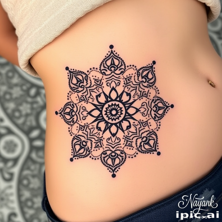 Ornate dotwork mandala tattoo encircling the navel, showcasing intricate geometric patterns and symmetrical designs created entirely with tiny, precisely placed dots for a mesmerizing effect