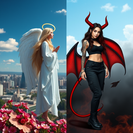 Create an image with a split composition, half representing an angel and half a demon. The angel is on the left, depicted with long, flowing blonde hair, a golden halo above her head, and wearing a white robe. She has large, feathered wings, and she's barefoot, standing amidst blooming flowers with a cityscape in the background under a clear blue sky with a few clouds. The demon is on the right, featuring long, wavy black and red hair, red horns on her head, and wearing a black crop top and black cargo pants. She has large, bat-like wings with red and black hues, and is wearing black combat boots. Her skin is adorned with tattoos. The background on the demon's side is dark and smoky, with hints of flames and a red tail curling behind her. Both figures stand back-to-back, creating a stark contrast between light and dark, good and evil.