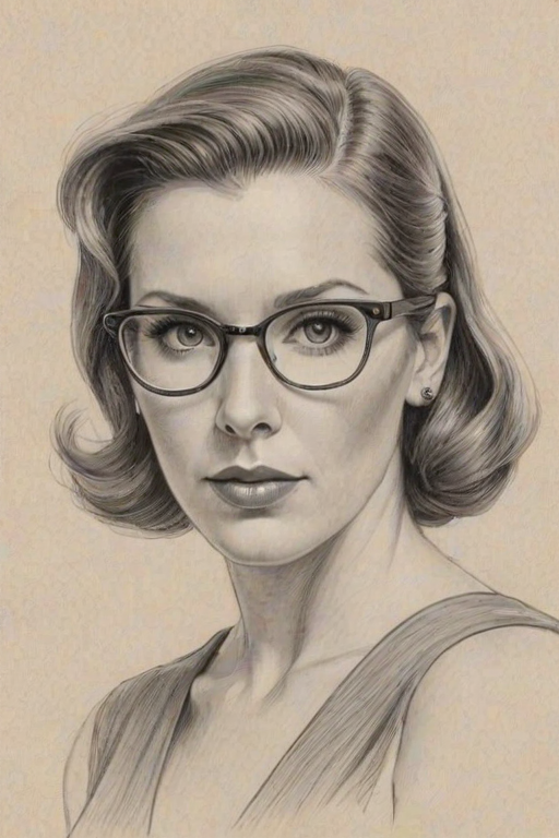 Fascinating June Diane Raphael, pencil sketch, portrait of Captivating woman 1934s in glasses, hair style beatnik, outline, clear lines, fine lines, 8k
