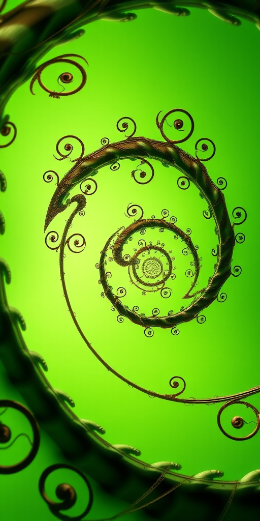 Create a high-resolution fractal image with intricate spiral patterns and a soft green background, using a DSLR camera with a 50mm lens, f/11 aperture, 1/125 shutter speed, and ISO 100, shot from a top-down view to capture the layered details and smooth gradients.