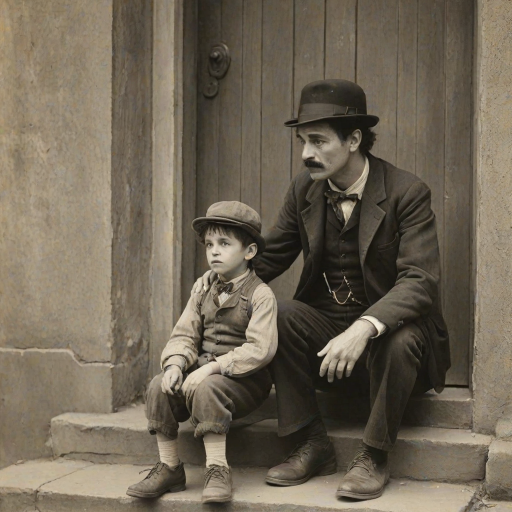 A black-and-white photograph of a man and a child sitting on steps in front of a doorway. The man is dressed as a tramp with a bowler hat, mustache, and ragged clothes, reminiscent of Charlie Chaplin's iconic look. He is sitting with his arms crossed and an expression of slight sadness or frustration. Next to him is a young boy, also in worn clothes and a cap, sitting with his hands clasped, looking thoughtful. The background is an old, textured wall and a partially open door, creating a vintage, early 20th-century atmosphere.