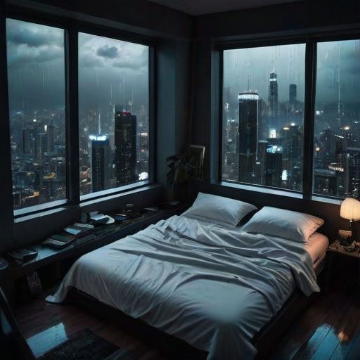moody aesthetic, beautiful cozy, cramped bedroom with floor to ceiling glass windows overlooking a cyberpunk city at night, view from top of skyscraper, white bedsheets, bookshelves, thunderstorm outside with torrential rain, detailed, high resolution, photorrealistic, dark, gloomy,