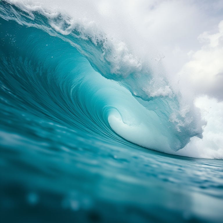 High-resolution image of a powerful ocean wave crashing, shot with a Canon EOS R5, ISO 100, f/8, 1/1000 sec, wide-angle lens, low-angle view, capturing intricate details of water motion and vibrant turquoise hues.