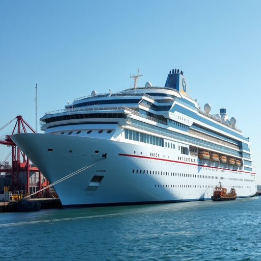 high-resolution image of a large cruise ship docked at a port under a clear blue sky, captured with a DSLR camera setting ISO 100, aperture f/8, shutter speed 1/250 sec, wide-angle view, with soft natural lighting to enhance details and colors