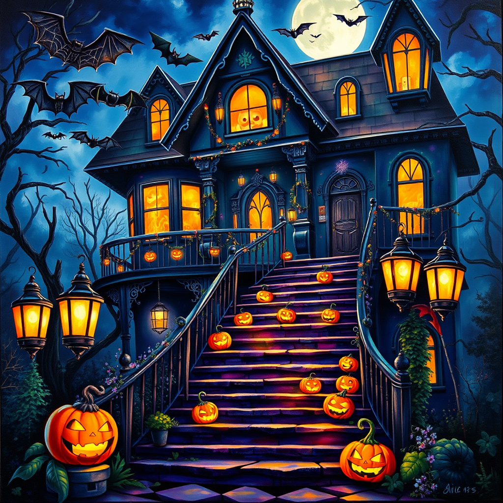 airbrushed oil painting, halloween theme, a haunted house, stairs, highly decorated, illuminated, lanterns, jack o'lantern, bats, webcobs