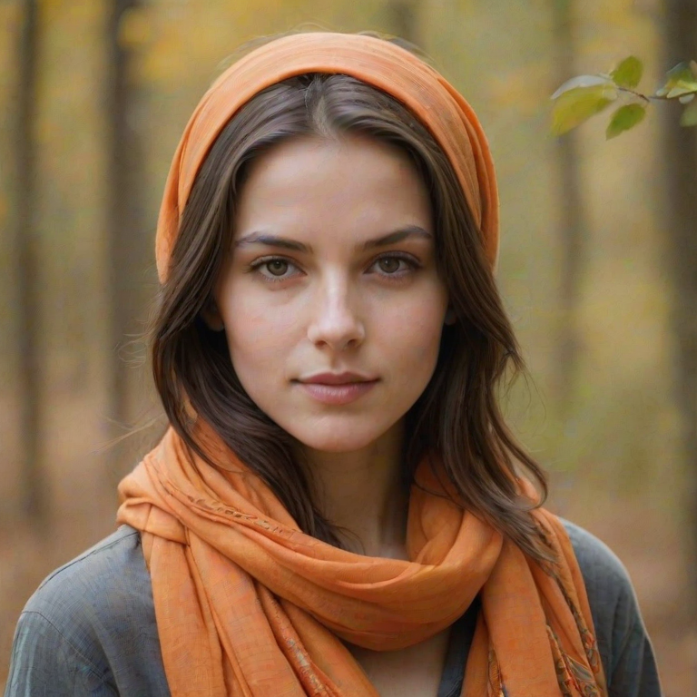 Create a portrait of a young Caucasian woman with long, dark hair and captivating hazel eyes. She is wearing a orange headscarf and a matching scarf draped gracefully around her neck. The background is softly blurred, focusing attention on her serene and natural expression. The overall color palette is muted and warm, enhancing the intimate and authentic feel of the portrait.