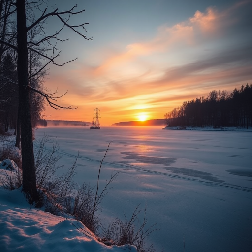 Capture a serene winter landscape at sunset with a focus on silhouette trees lining a frozen lake, using a Canon EOS R5, 24mm lens, f/8 aperture, ISO 100, 1/125 sec shutter speed, HDR style, and a wide-angle view to enhance depth and detail.