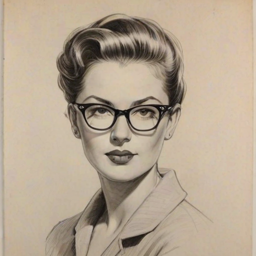Fascinating Martha MacIsaac, pencil sketch, portrait of Superb woman 1953s in glasses, hair style beatnik, outline, clear lines, fine lines, 8k