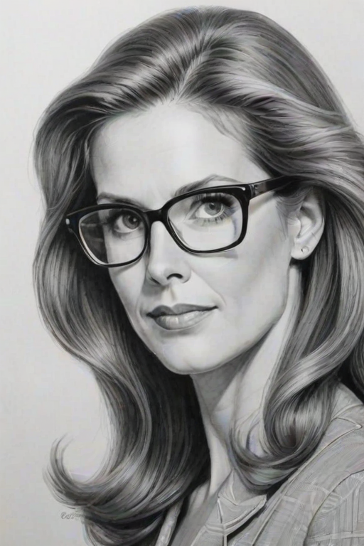 Captivating Julie Hagerty, pencil sketch, portrait of Resplendent woman 1966s in glasses, hair style beatnik, outline, clear lines, fine lines, 8k