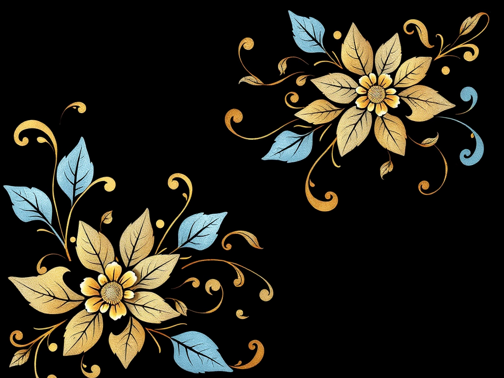 Create a high-resolution floral design with intricate swirls and leaves in gold and light blue on a solid black background, using a DSLR camera with a 50mm lens, f/1.8 aperture, 1/125s shutter speed, ISO 100, top-down view, and soft natural lighting to enhance image clarity and detail.