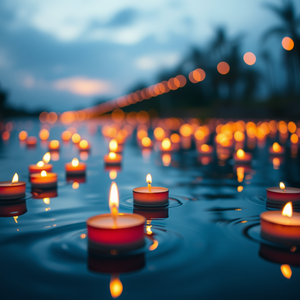 Regenerate an image of floating candles in a serene water setting, captured with a Canon EOS R5, 50mm lens, f/1.4 aperture, ISO 100, at sunset with a soft bokeh effect to enhance the warm glow and reflections on the water's surface.