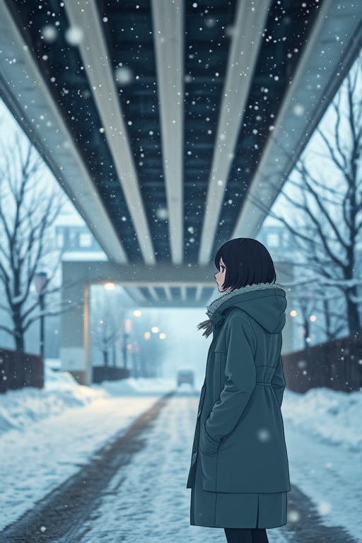 Regenerate an anime-style winter scene featuring a girl standing under a snowy overpass, shot with a Canon EOS R5, 50mm lens, f/1.8 aperture, ISO 100, natural light with a soft focus background for enhanced depth.