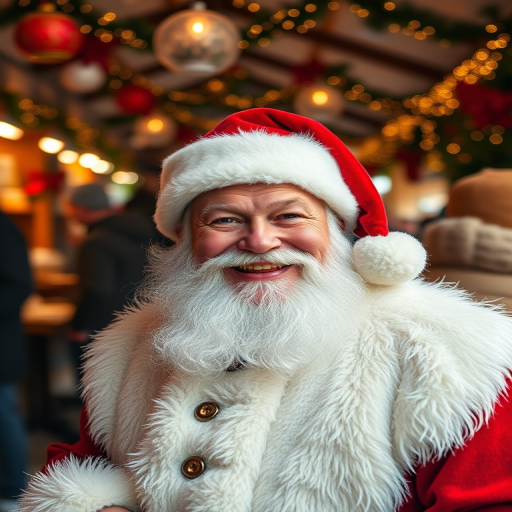 Create a joyful Santa Claus portrait with a warm smile, capturing the festive atmosphere of a holiday market, shot with a Canon EOS R5, 50mm lens at f/1.8, ISO 100, shutter speed 1/200s, in natural light for a vibrant and detailed image.