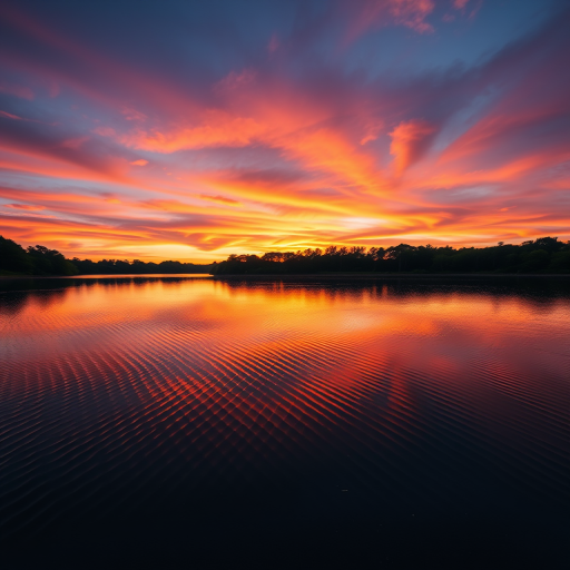 Create a high-resolution image of a scenic sunset over a calm lake with vibrant colors in the sky at golden hour, captured with a Canon EOS R5, 24mm lens, f/8 aperture, ISO 100, and a shutter speed of 1/125 seconds, using a wide-angle view for an expansive perspective.