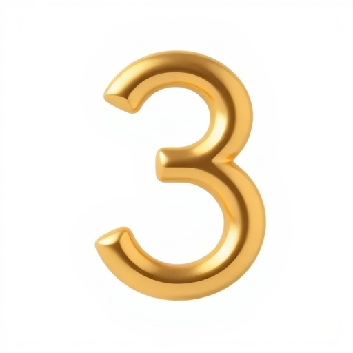 Regenerate an image of a glossy gold number three on a plain white background, using a DSLR camera with a 50mm lens, aperture set to f/2.8, shutter speed at 1/100 sec, ISO 100, shot at eye level for a clean and focused view.